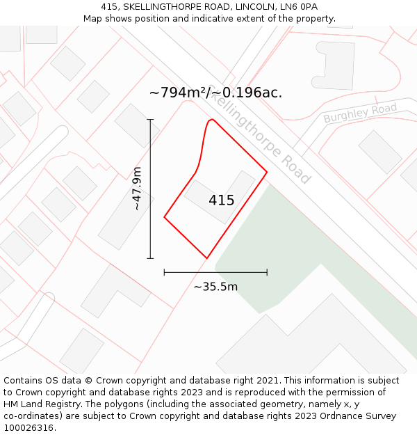 415, SKELLINGTHORPE ROAD, LINCOLN, LN6 0PA: Plot and title map