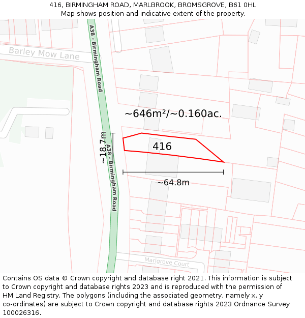 416, BIRMINGHAM ROAD, MARLBROOK, BROMSGROVE, B61 0HL: Plot and title map