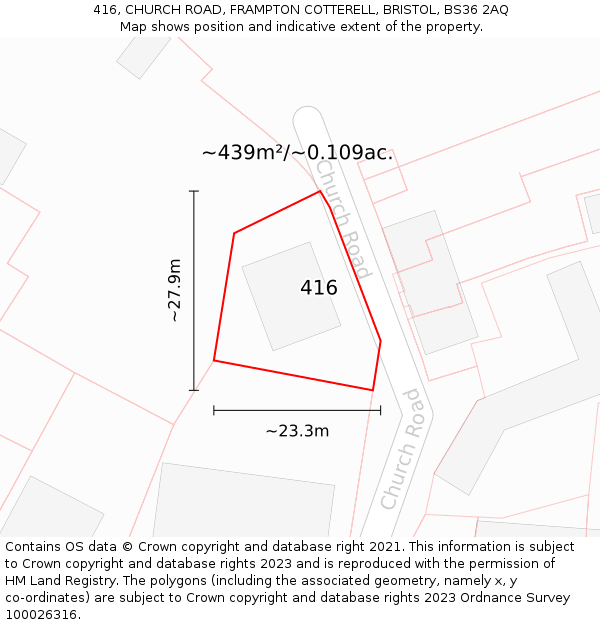 416, CHURCH ROAD, FRAMPTON COTTERELL, BRISTOL, BS36 2AQ: Plot and title map