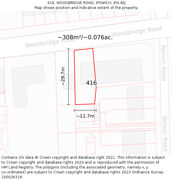 416, WOODBRIDGE ROAD, IPSWICH, IP4 4EJ: Plot and title map