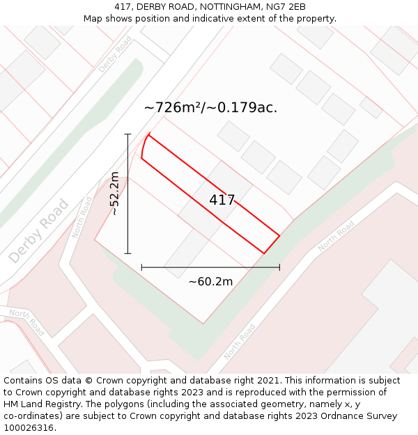 417, DERBY ROAD, NOTTINGHAM, NG7 2EB: Plot and title map