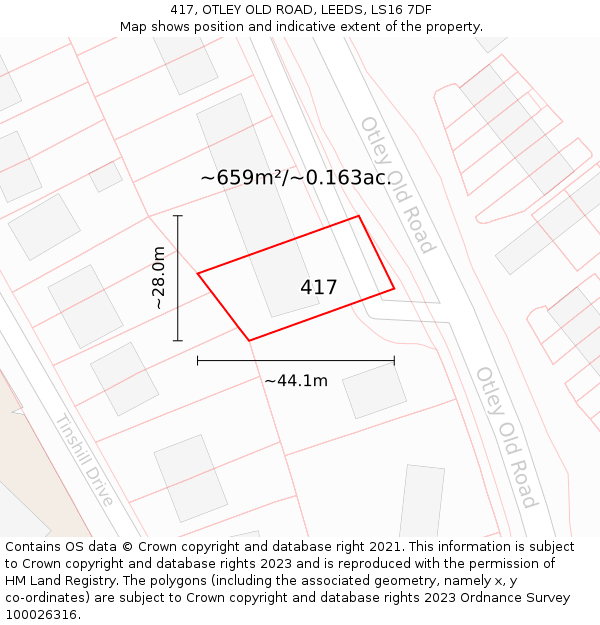 417, OTLEY OLD ROAD, LEEDS, LS16 7DF: Plot and title map