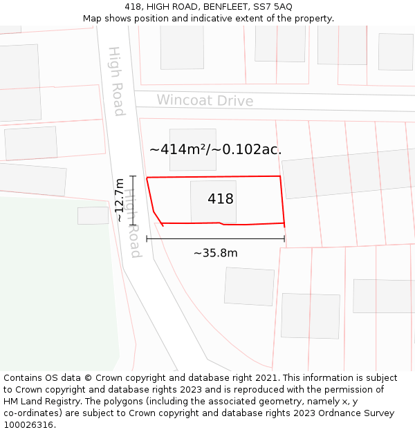 418, HIGH ROAD, BENFLEET, SS7 5AQ: Plot and title map