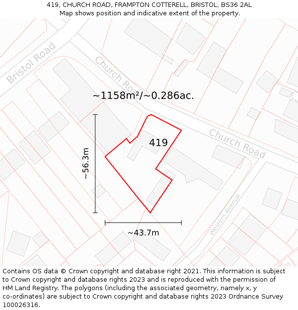 419, CHURCH ROAD, FRAMPTON COTTERELL, BRISTOL, BS36 2AL: Plot and title map