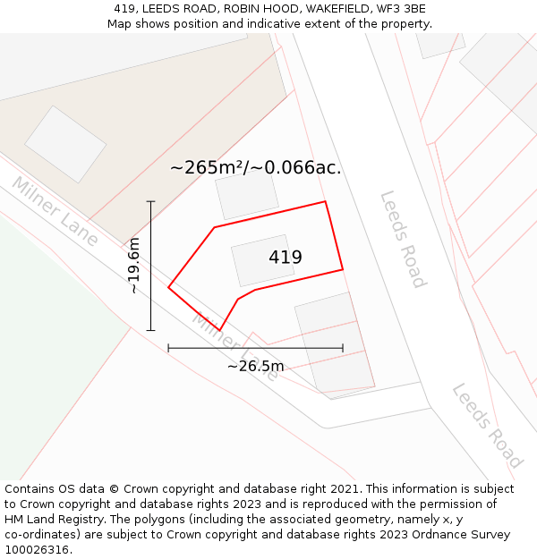 419, LEEDS ROAD, ROBIN HOOD, WAKEFIELD, WF3 3BE: Plot and title map