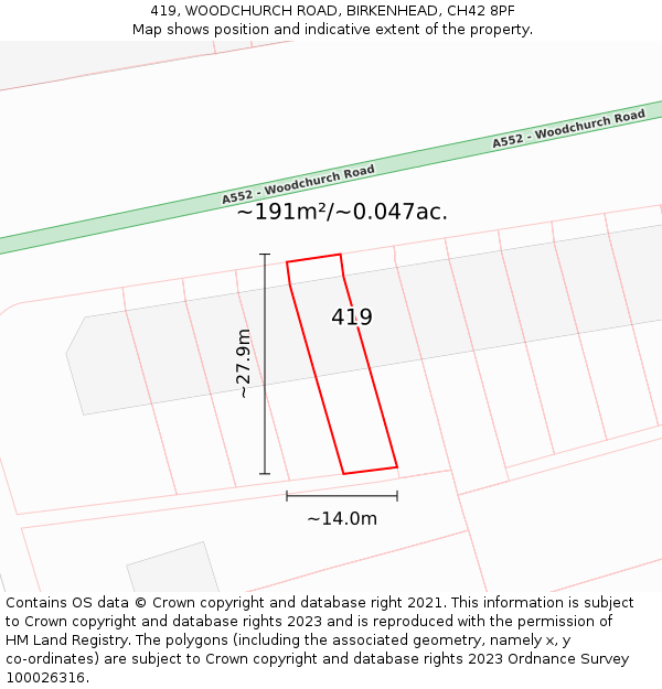 419, WOODCHURCH ROAD, BIRKENHEAD, CH42 8PF: Plot and title map