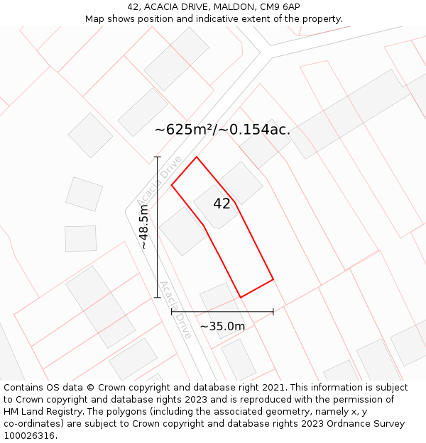 42, ACACIA DRIVE, MALDON, CM9 6AP: Plot and title map