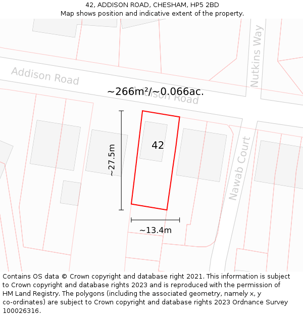 42, ADDISON ROAD, CHESHAM, HP5 2BD: Plot and title map