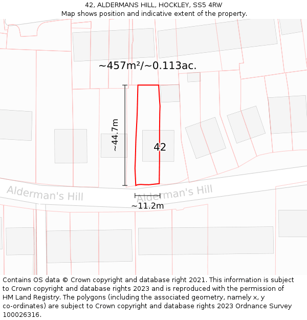 42, ALDERMANS HILL, HOCKLEY, SS5 4RW: Plot and title map