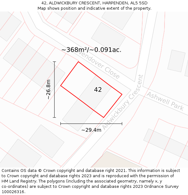 42, ALDWICKBURY CRESCENT, HARPENDEN, AL5 5SD: Plot and title map