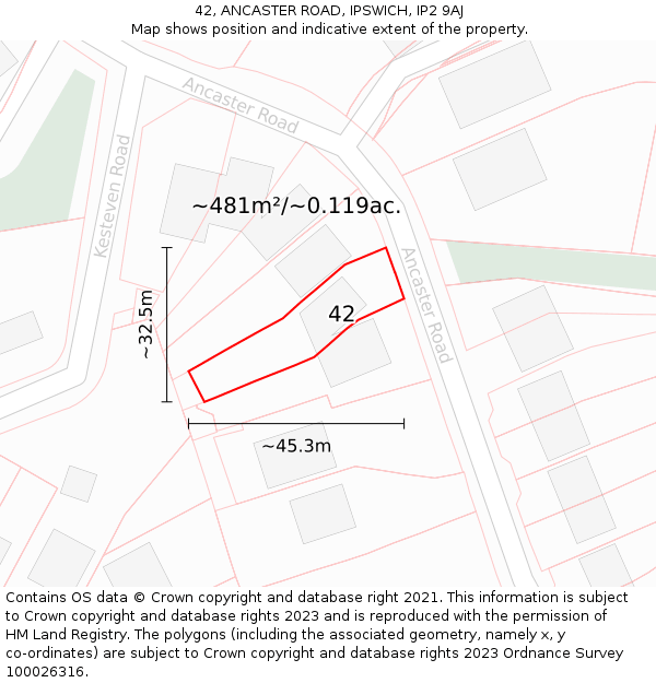 42, ANCASTER ROAD, IPSWICH, IP2 9AJ: Plot and title map