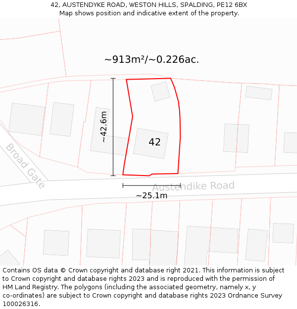 42, AUSTENDYKE ROAD, WESTON HILLS, SPALDING, PE12 6BX: Plot and title map