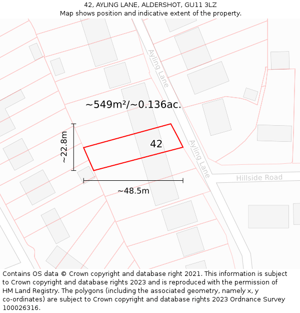 42, AYLING LANE, ALDERSHOT, GU11 3LZ: Plot and title map