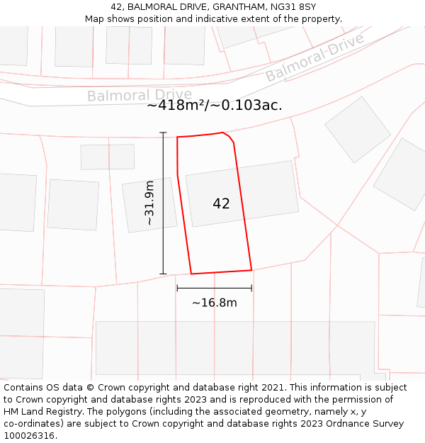 42, BALMORAL DRIVE, GRANTHAM, NG31 8SY: Plot and title map