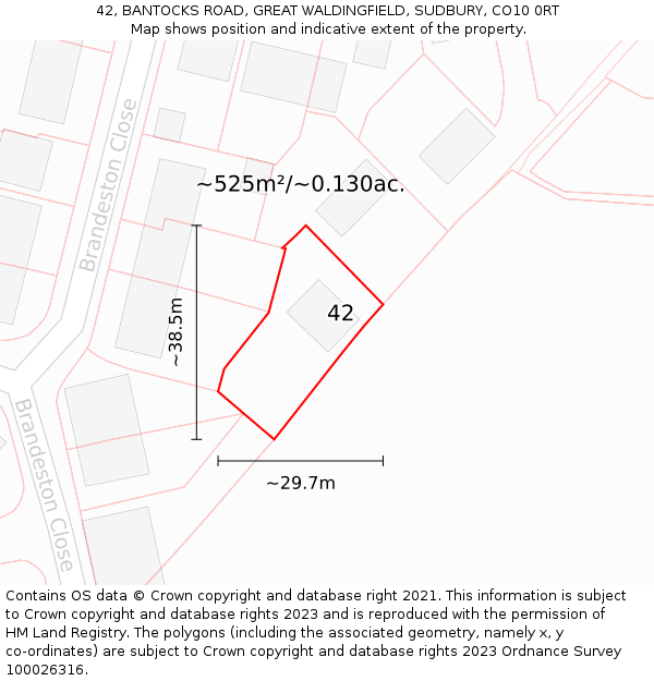 42, BANTOCKS ROAD, GREAT WALDINGFIELD, SUDBURY, CO10 0RT: Plot and title map