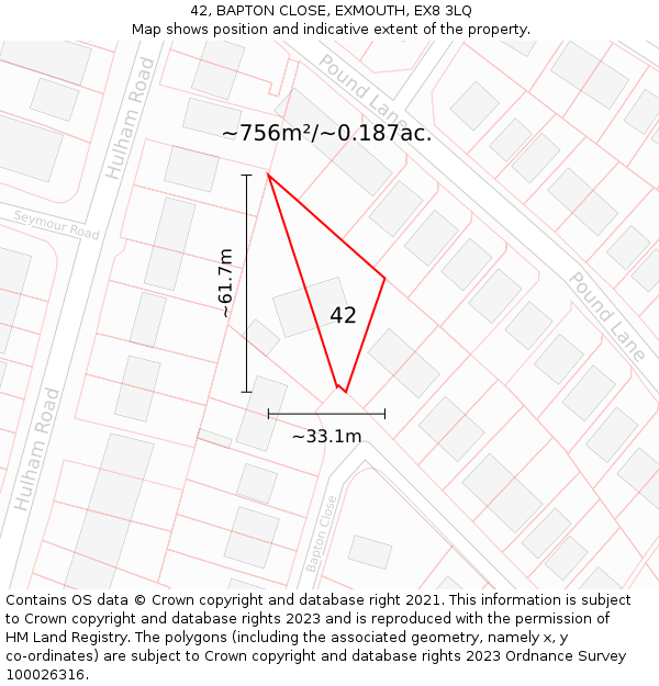 42, BAPTON CLOSE, EXMOUTH, EX8 3LQ: Plot and title map