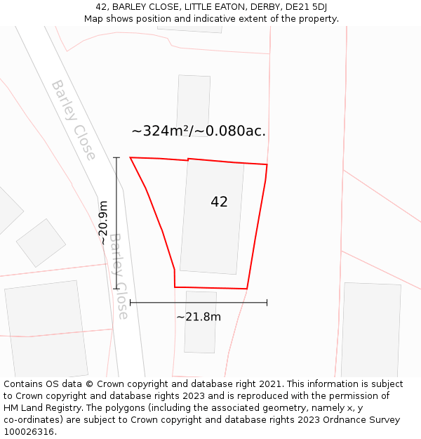 42, BARLEY CLOSE, LITTLE EATON, DERBY, DE21 5DJ: Plot and title map