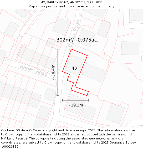 42, BARLEY ROAD, ANDOVER, SP11 6GB: Plot and title map