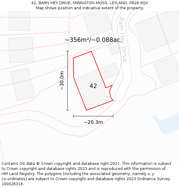 42, BARN HEY DRIVE, FARINGTON MOSS, LEYLAND, PR26 6QX: Plot and title map