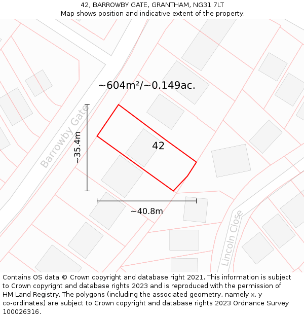 42, BARROWBY GATE, GRANTHAM, NG31 7LT: Plot and title map