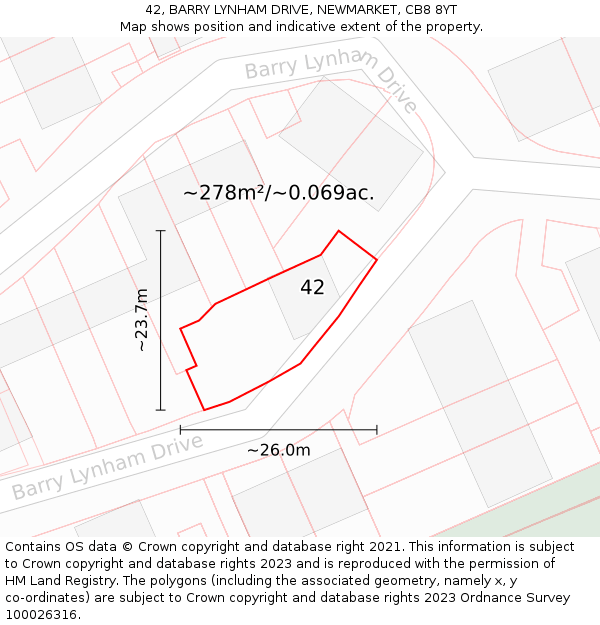 42, BARRY LYNHAM DRIVE, NEWMARKET, CB8 8YT: Plot and title map