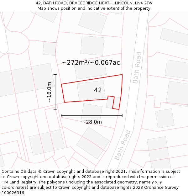 42, BATH ROAD, BRACEBRIDGE HEATH, LINCOLN, LN4 2TW: Plot and title map