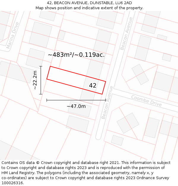 42, BEACON AVENUE, DUNSTABLE, LU6 2AD: Plot and title map