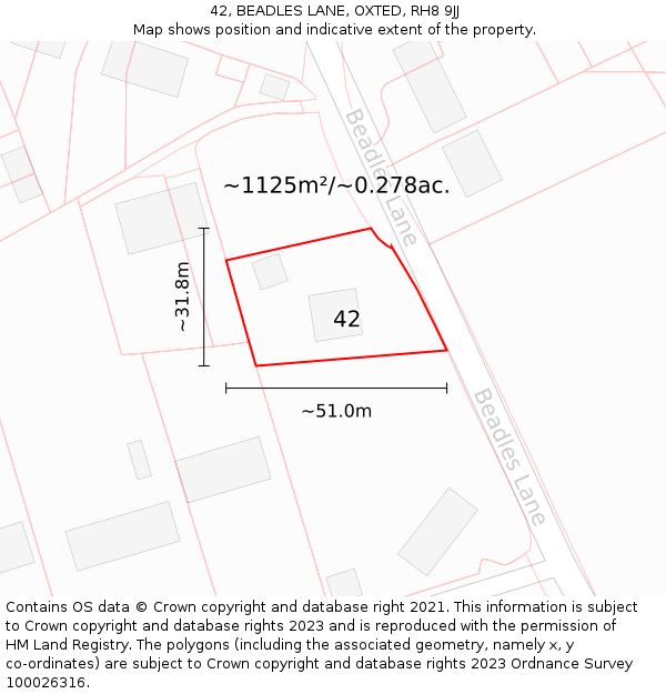 42, BEADLES LANE, OXTED, RH8 9JJ: Plot and title map