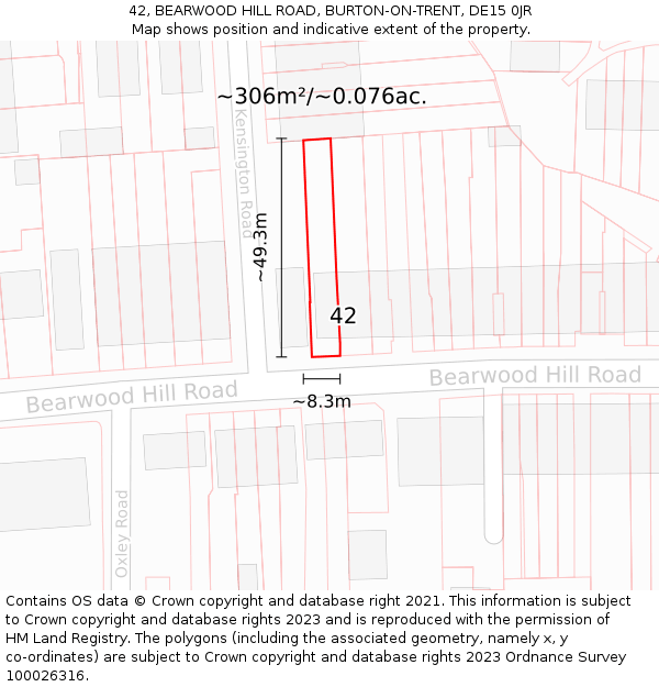 42, BEARWOOD HILL ROAD, BURTON-ON-TRENT, DE15 0JR: Plot and title map