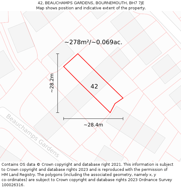 42, BEAUCHAMPS GARDENS, BOURNEMOUTH, BH7 7JE: Plot and title map