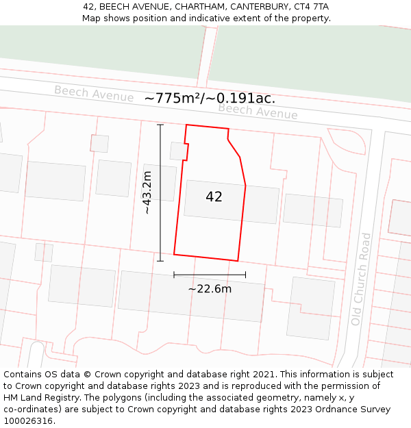 42, BEECH AVENUE, CHARTHAM, CANTERBURY, CT4 7TA: Plot and title map
