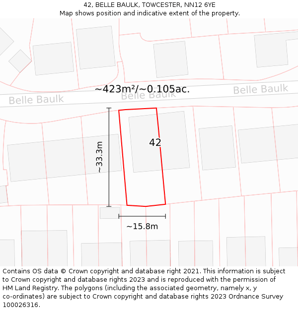 42, BELLE BAULK, TOWCESTER, NN12 6YE: Plot and title map