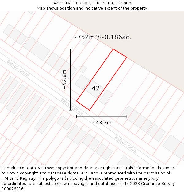 42, BELVOIR DRIVE, LEICESTER, LE2 8PA: Plot and title map