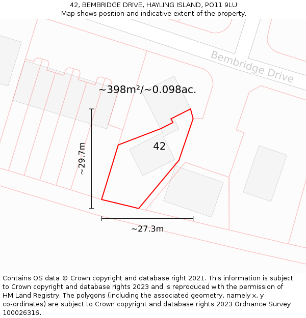 42, BEMBRIDGE DRIVE, HAYLING ISLAND, PO11 9LU: Plot and title map