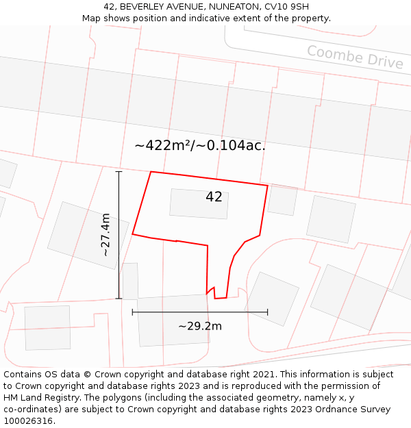 42, BEVERLEY AVENUE, NUNEATON, CV10 9SH: Plot and title map