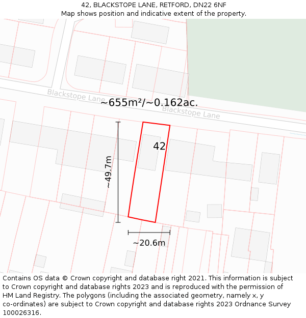 42, BLACKSTOPE LANE, RETFORD, DN22 6NF: Plot and title map