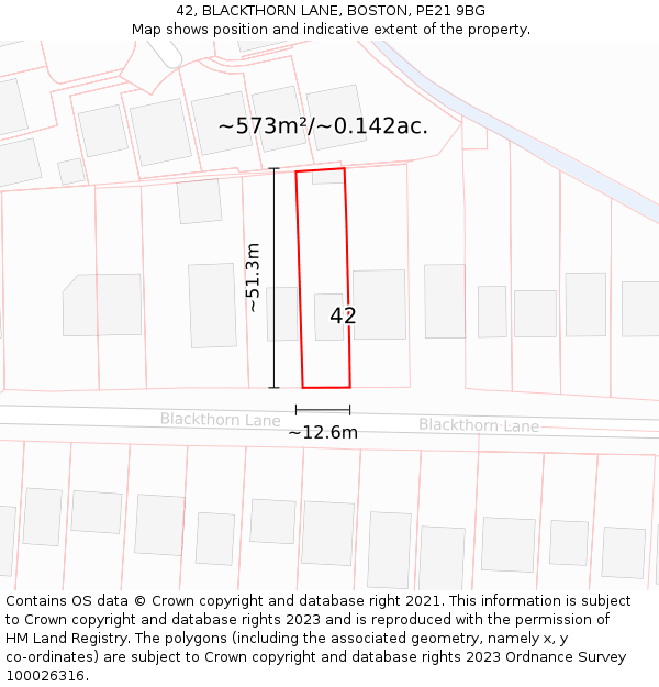 42, BLACKTHORN LANE, BOSTON, PE21 9BG: Plot and title map