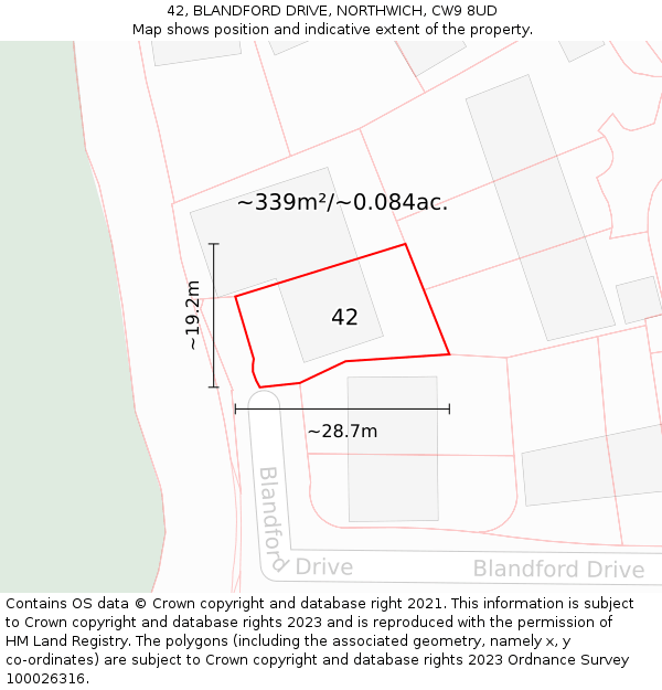 42, BLANDFORD DRIVE, NORTHWICH, CW9 8UD: Plot and title map