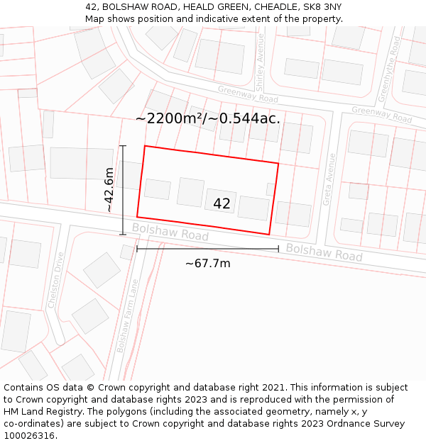 42, BOLSHAW ROAD, HEALD GREEN, CHEADLE, SK8 3NY: Plot and title map