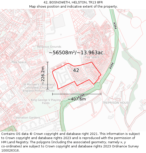 42, BOSNOWETH, HELSTON, TR13 8FR: Plot and title map