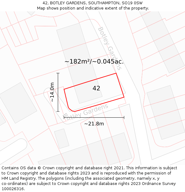 42, BOTLEY GARDENS, SOUTHAMPTON, SO19 0SW: Plot and title map