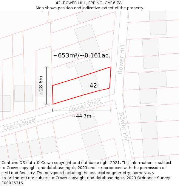 42, BOWER HILL, EPPING, CM16 7AL: Plot and title map