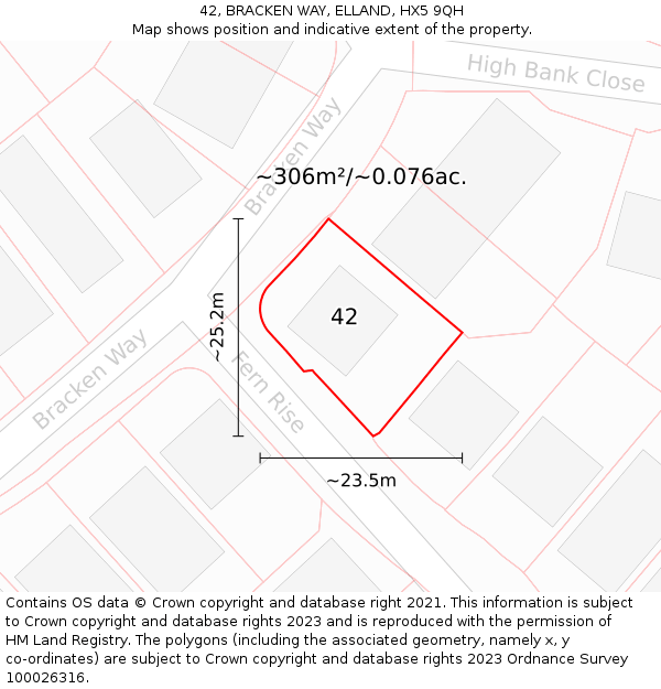 42, BRACKEN WAY, ELLAND, HX5 9QH: Plot and title map