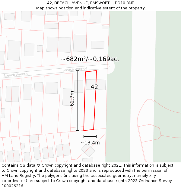 42, BREACH AVENUE, EMSWORTH, PO10 8NB: Plot and title map