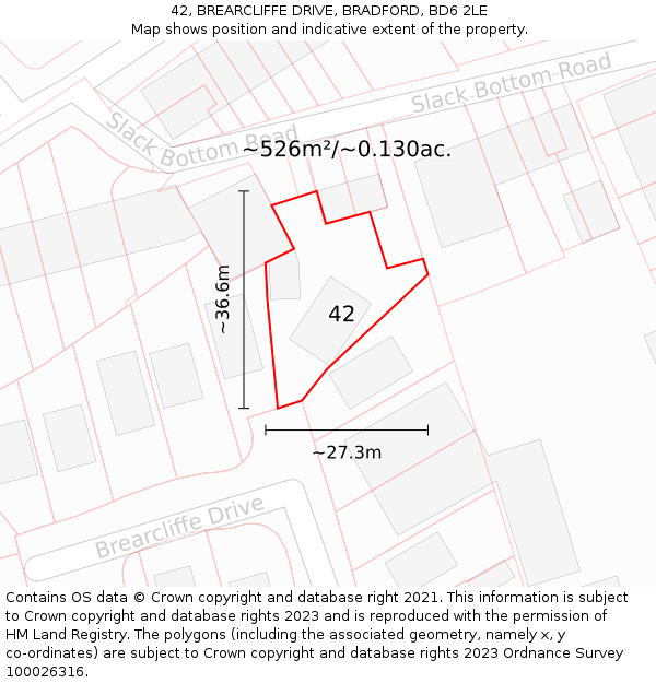 42, BREARCLIFFE DRIVE, BRADFORD, BD6 2LE: Plot and title map