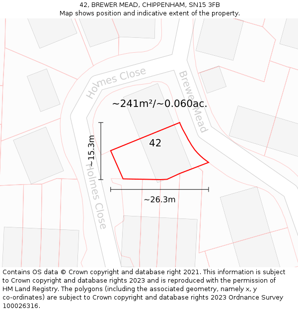 42, BREWER MEAD, CHIPPENHAM, SN15 3FB: Plot and title map