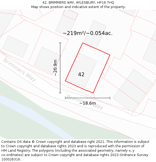 42, BRIMMERS WAY, AYLESBURY, HP19 7HQ: Plot and title map