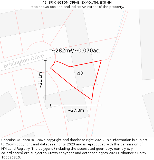 42, BRIXINGTON DRIVE, EXMOUTH, EX8 4HJ: Plot and title map