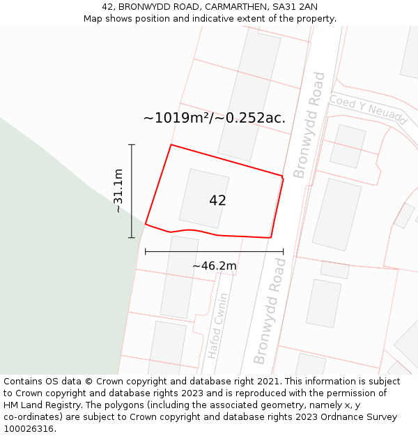 42, BRONWYDD ROAD, CARMARTHEN, SA31 2AN: Plot and title map