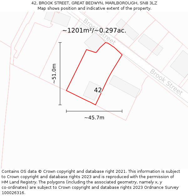 42, BROOK STREET, GREAT BEDWYN, MARLBOROUGH, SN8 3LZ: Plot and title map